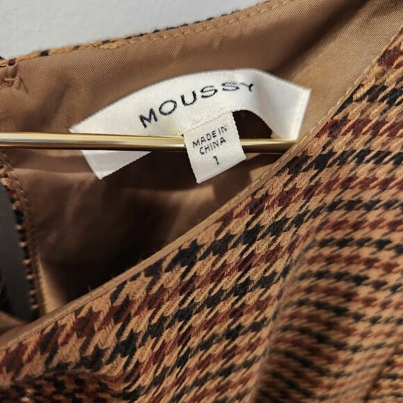 Moussy Checkered puff sleeve brown midi dress size small - Picture 7 of 8